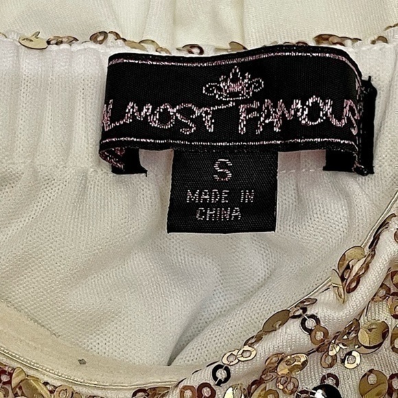 ALMOST FAMOUS STRAPLESS GOLD SEQUINED WHITE ACCORDION PLEATED DRESS SZ SMALL - Picture 7 of 7